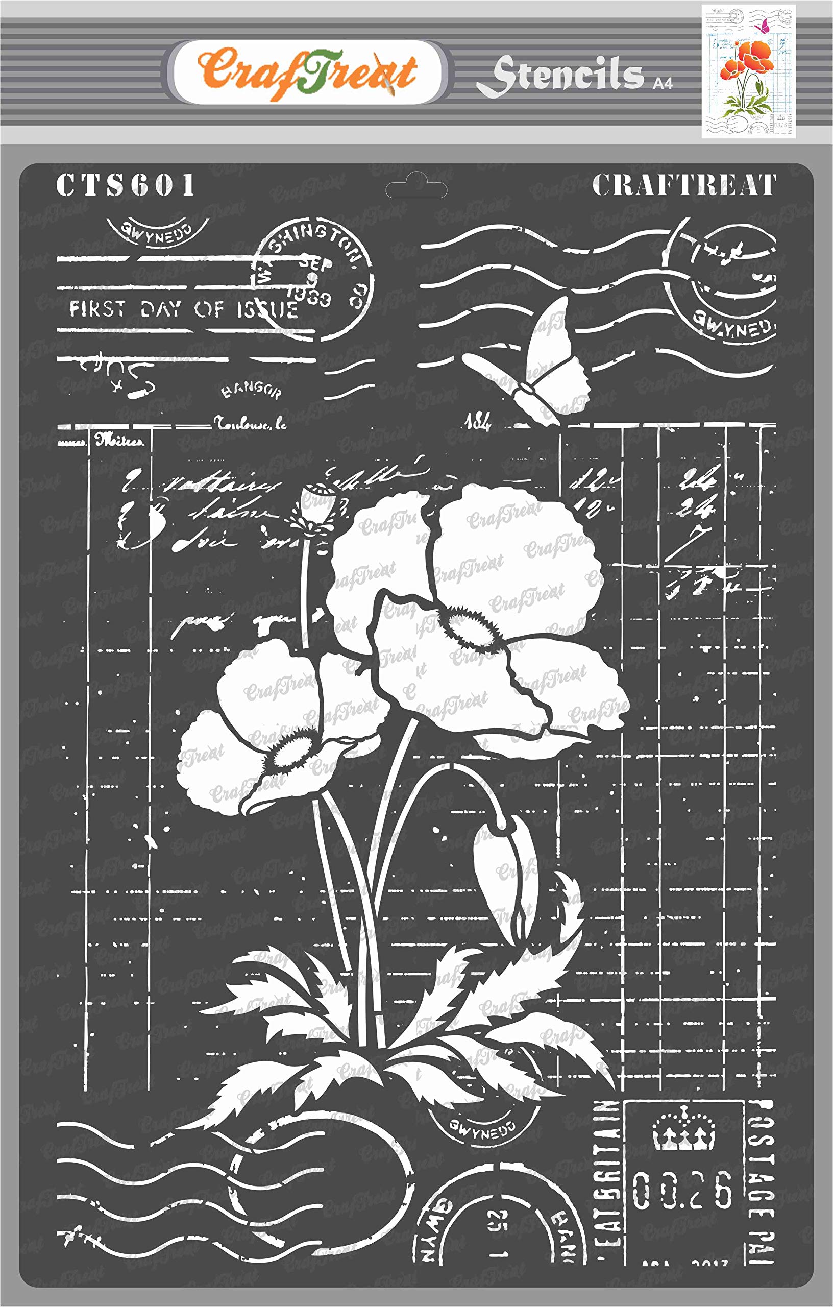 CrafTreat Reusable Flower Stencils for Painting on Wood - Ledger Poppy -A4 (8.3 x 11.7 Inch) - Mixed Media Stencils and Templates for Painting - Poppy Stencil for Wall Painting