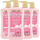 Caress Body Wash With Pump Daily Silk White Peach & Orange Blossom Body Soap for Noticeably Silky, Soft Skin 30 fl oz, 4 Pack