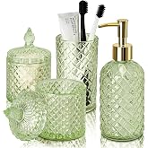 RYTOXILO Green Bathroom Accessories Set, 4 Pack Olive Green Bathroom Decor Accessory Sets Complete, Diamond Glass Soap Dispenser and Toothbrush Holder Set for Bath Counter Organizer Essentials