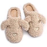 Women's Cute Animal Memory Foam Slippers, Warm Soft Comfy Cozy Funny Dog House Slippers for Lady Indoor, Fleece Fluffy Slip On Bedroom Winter Womens Slides with Anti-Skid Sole Pink Grey Beige