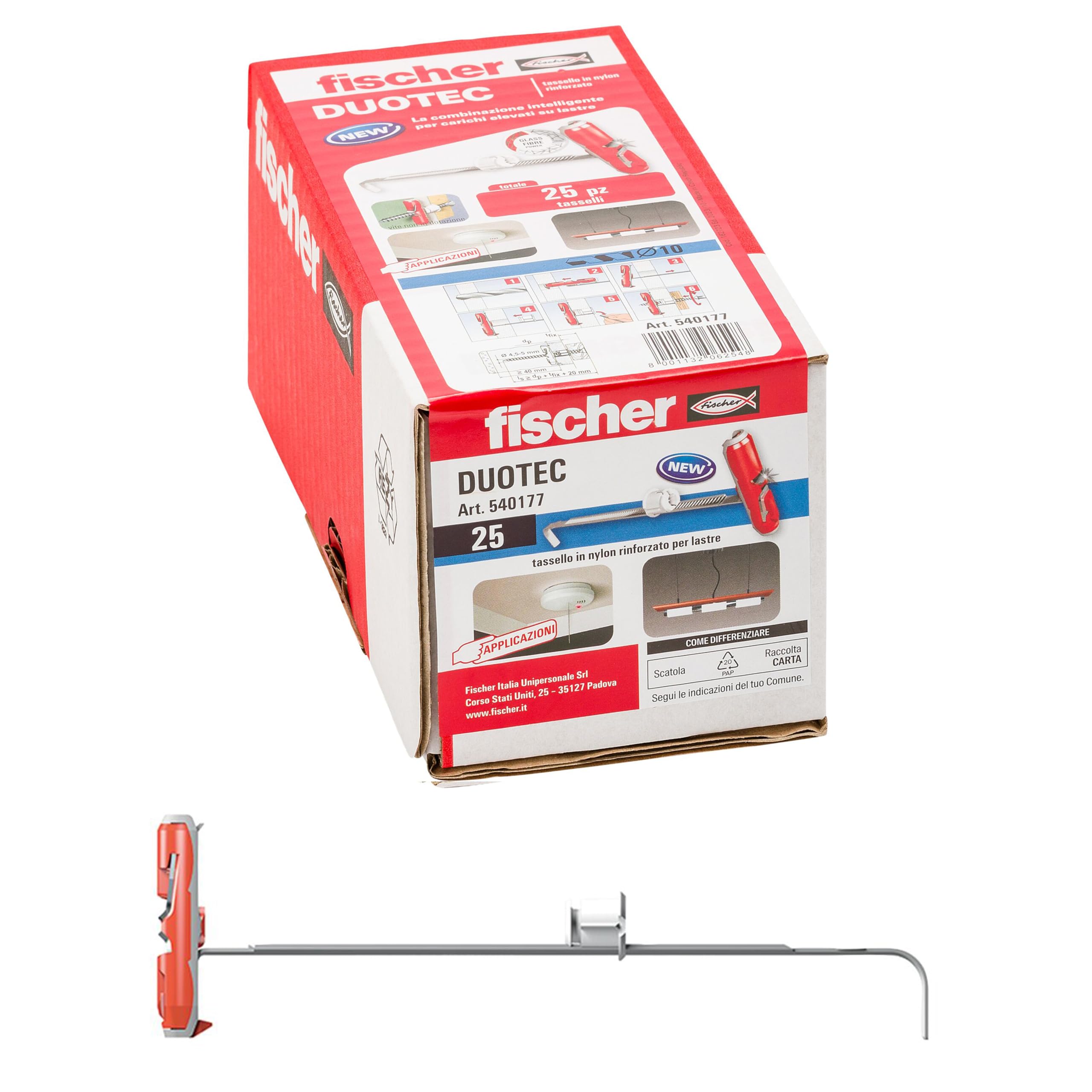 Fischer Duotec 10 Plasterboard Dowels 25, Anchor Fixing for High Loads on Panels and Plates, Hole 10 mm, 540177