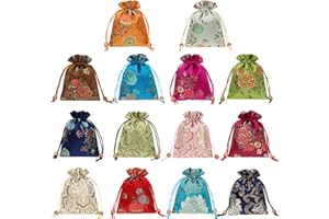 kilofly 14 pc Silk Brocade Jewelry Bag Double Layer Drawstring Coin Gift Pouch
