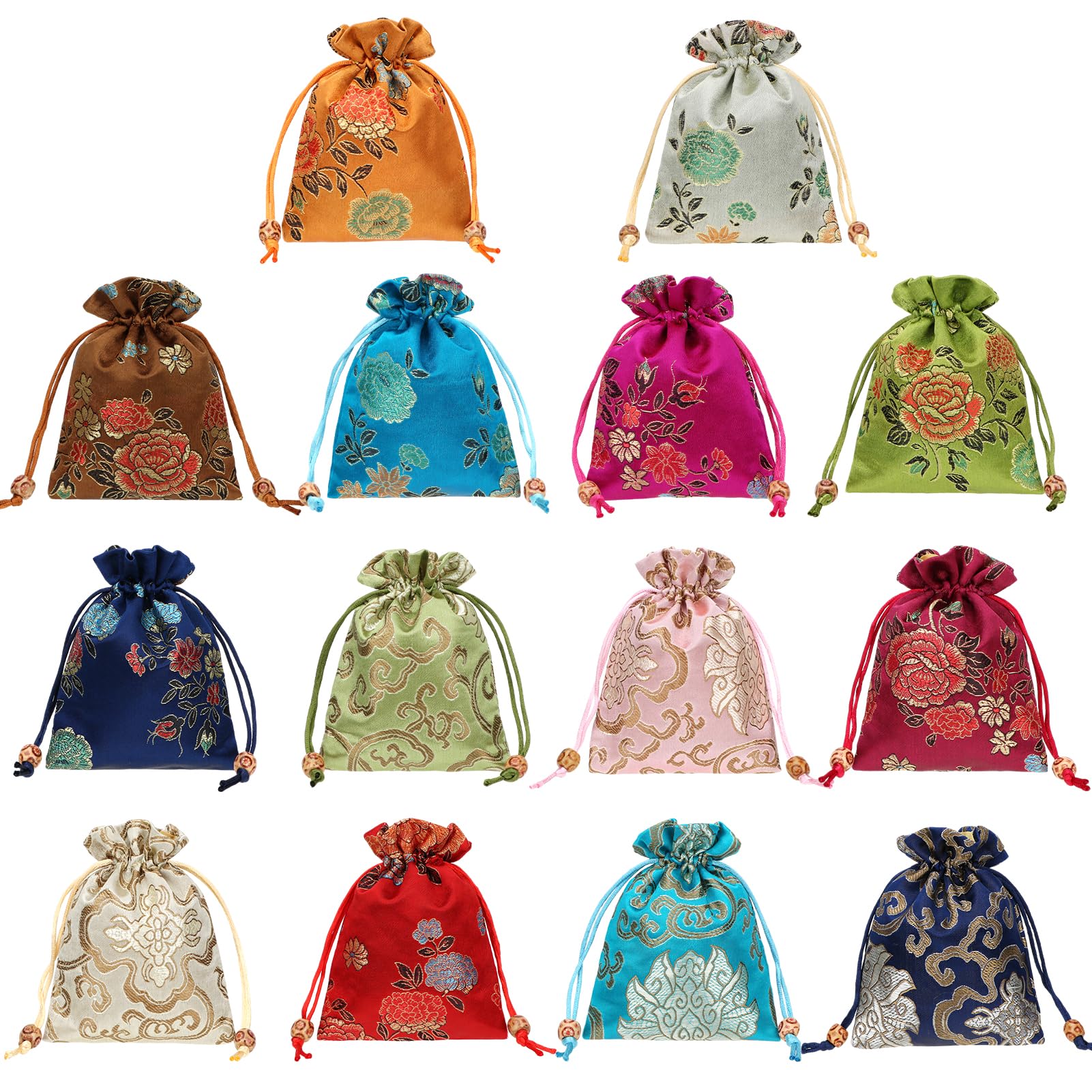 kilofly 14pc Silk Brocade Jewelry Pouch Double Layer Drawstring Coin Gift Bag