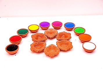 Mahakal Handmade Clay Diya Round Notch Shape (Set of 06 Pcs) | with Rangoli Color (Pack of 10) | for Diwali Decoration