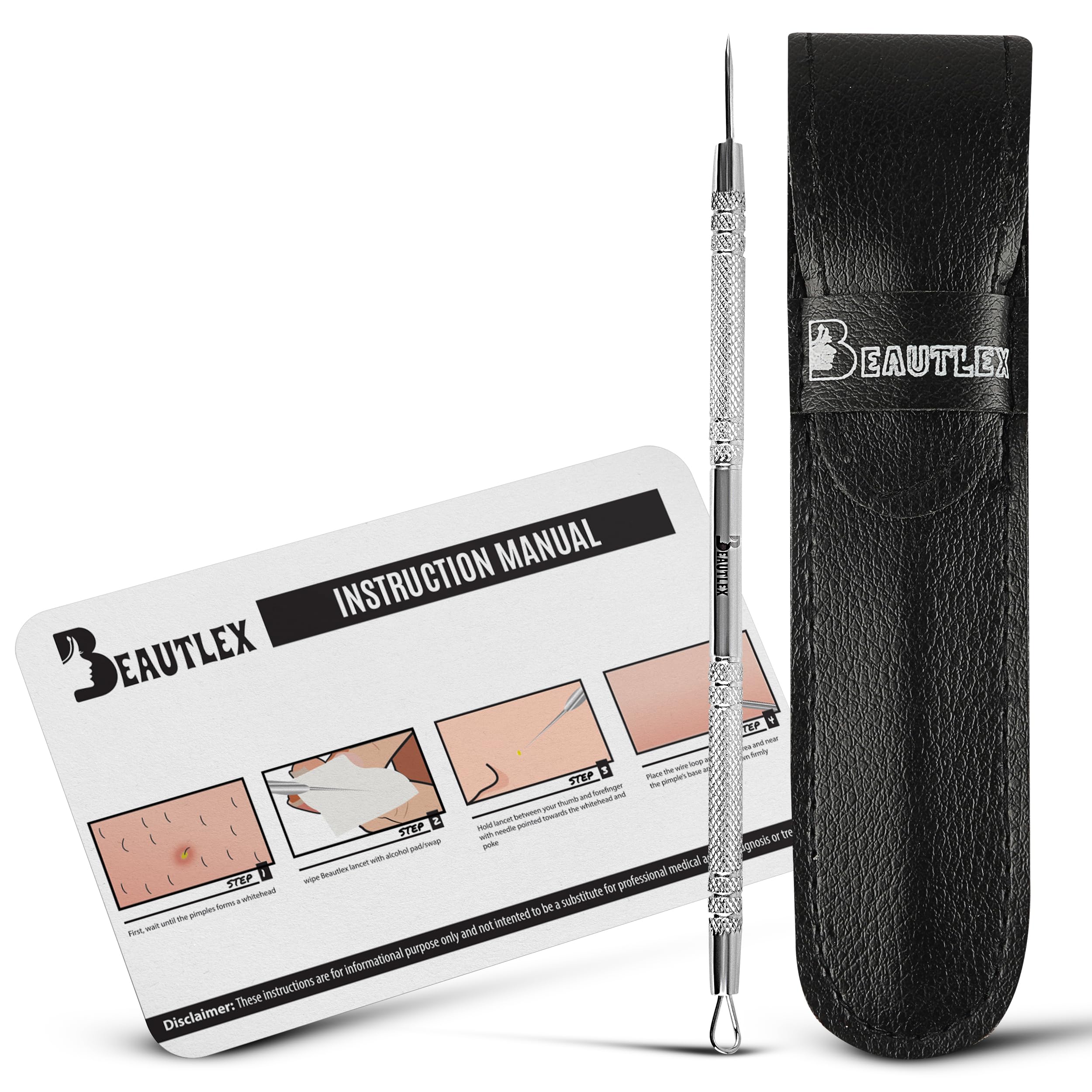 Lancet for Facial Milia Remover and Whitehead Extractor. Double Ended Angled Circle Loop & Sharp Needle Pimple Popper Tool. Stainless Steel Blackhead Remover Tool Kit with Synthetic Leather Storage