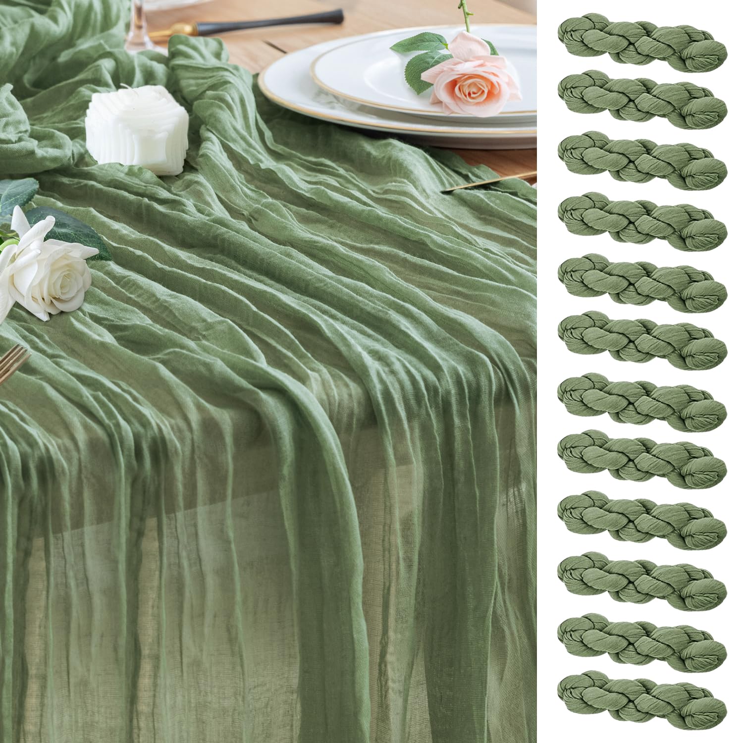 Photo 1 of Wokceer Cheesecloth Table Runner 12Pack 10FT Sage Green Christmas Gauze Cheese Cloth Table Runner for Party Rustic Sheer Table Runners for Baby Bridal Shower Wedding Easter Table