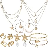 Beach Merrmaid Costume Accessories for Women, 13 Pcs Merrmaid Accessories Set with Boho Seashell Starfish Necklace, Earrings, Rings and Anklet for Summer Tropical Holiday Vacation Dress Up Party Supplie