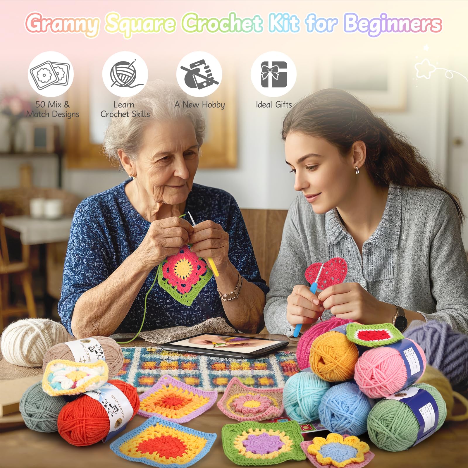 Coopay Crochet Kit for Beginners, Granny Square Crochet Kit with 2 Crochets Book & Video Card, Crochets Starter Kit for Adults Learn to Knitting, Granny Square Card Deck - 50 Mix & Match Designs