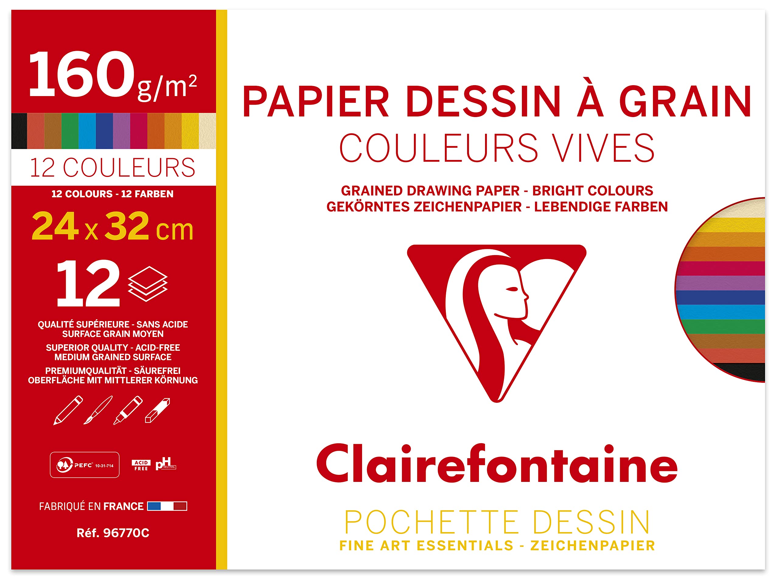 Clairefontaine - Ref 96770C - Grained Drawing Paper (Pack of 12 Sheets) - 24 x 32cm Size, 160gsm Paper, Acid Free - Light Grain Side & Heavy Grain Side - Assorted Bright Colours