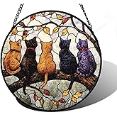 DASTOLL Stained Glass Window Hanging - 5 Cats on a Branch Suncatcher for Window Doors Home Decoration and Christmas, Mother's Day Father's Day Birthday Gifts for Women, Men, and Mom 6.3x6.3 in