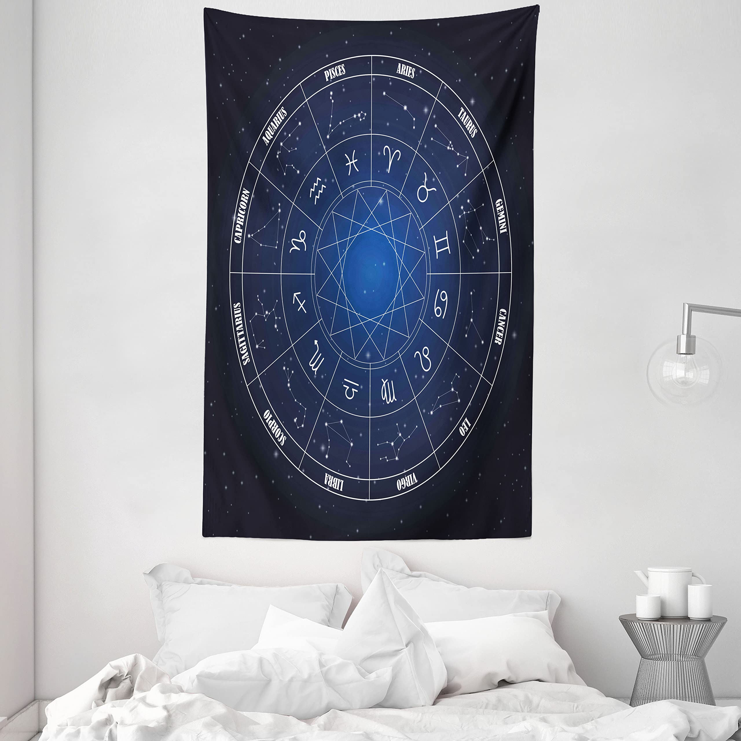 ABAKUHAUS Astrology Tapestry, Zodiac Horoscope Chart in Wheel Shape Dates in Space Dots Image, Fabric Wall Hanging Decor for Bedroom Living Room Dorm, 54 W X 90 L, Dark Blue White