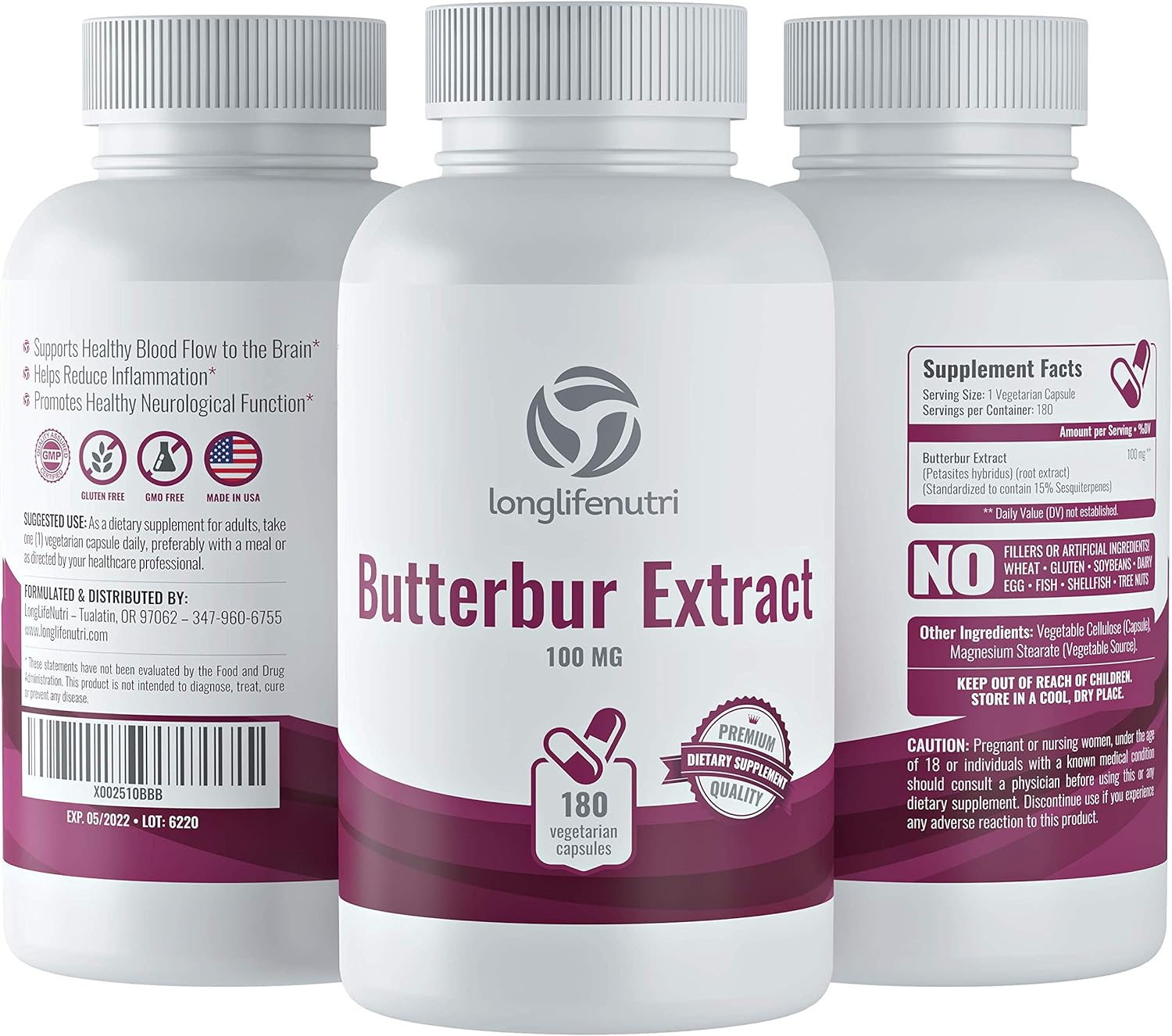 Butterbur Extract 100mg 180 Vegetarian Capsules | Made in USA | Natural Headache Supplement | Migraine and Allergy Relief | Supports Healthy Bladder and Inflammation | 100 mg Pure Powder Pill Formula: Health & Personal Care