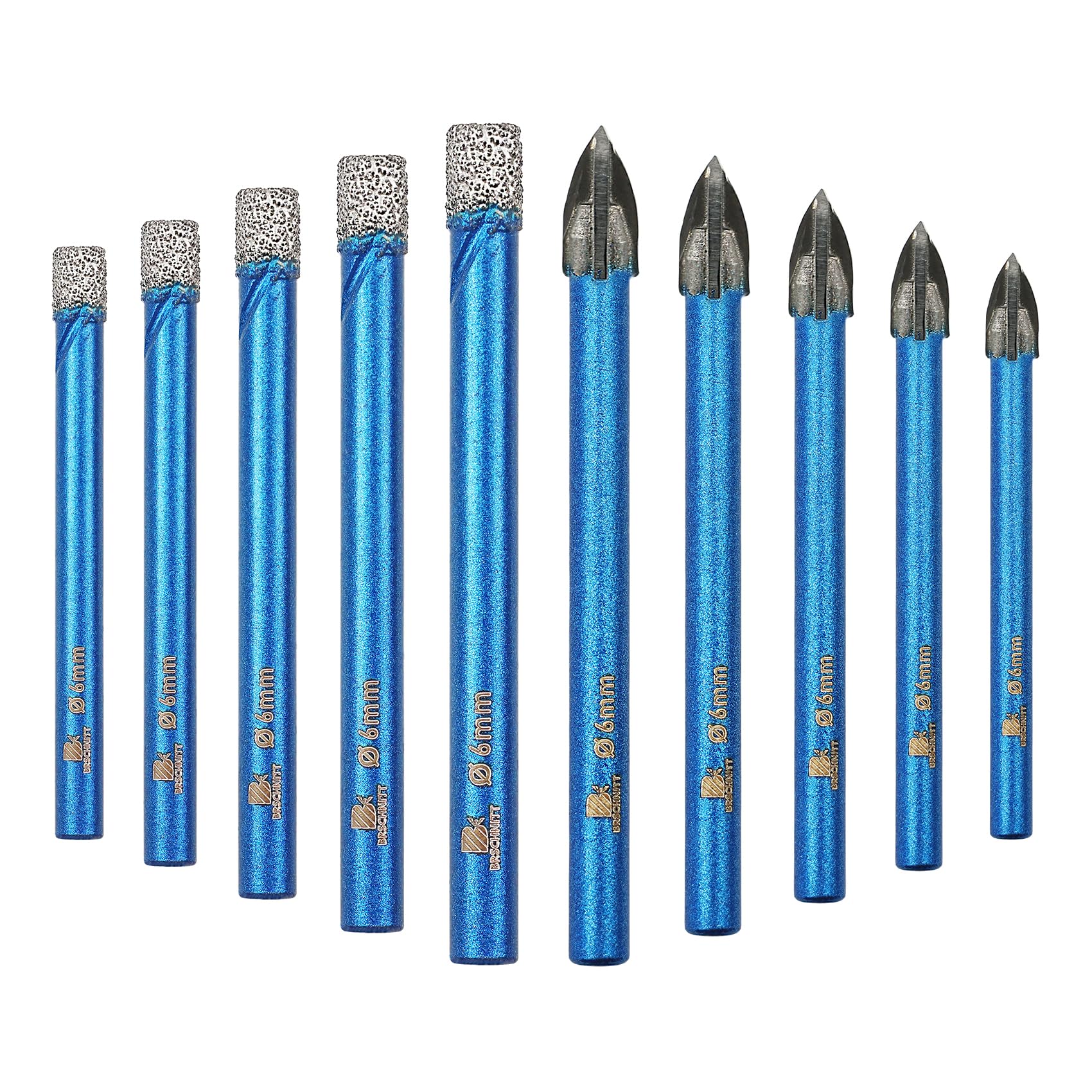 Dry Diamond Drill Bit Set,BRSCHNITT 10pcs/pack 1/4"*5 Diamond Hole Saw & 1/4"*5 Carbide drill bits Round Shank for Porcelain Tile Ceramic Stone Granite Marble,Dry Drilling