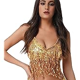 Wuchieal Women's Belly Dance Costume Sequin Bra Tassel Tops with Chest Party Club Wear Bra Top