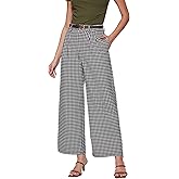 Vinova Womens Wide Straight Leg Pants Summer Plaid Pleated High Waisted Casual Work Pants