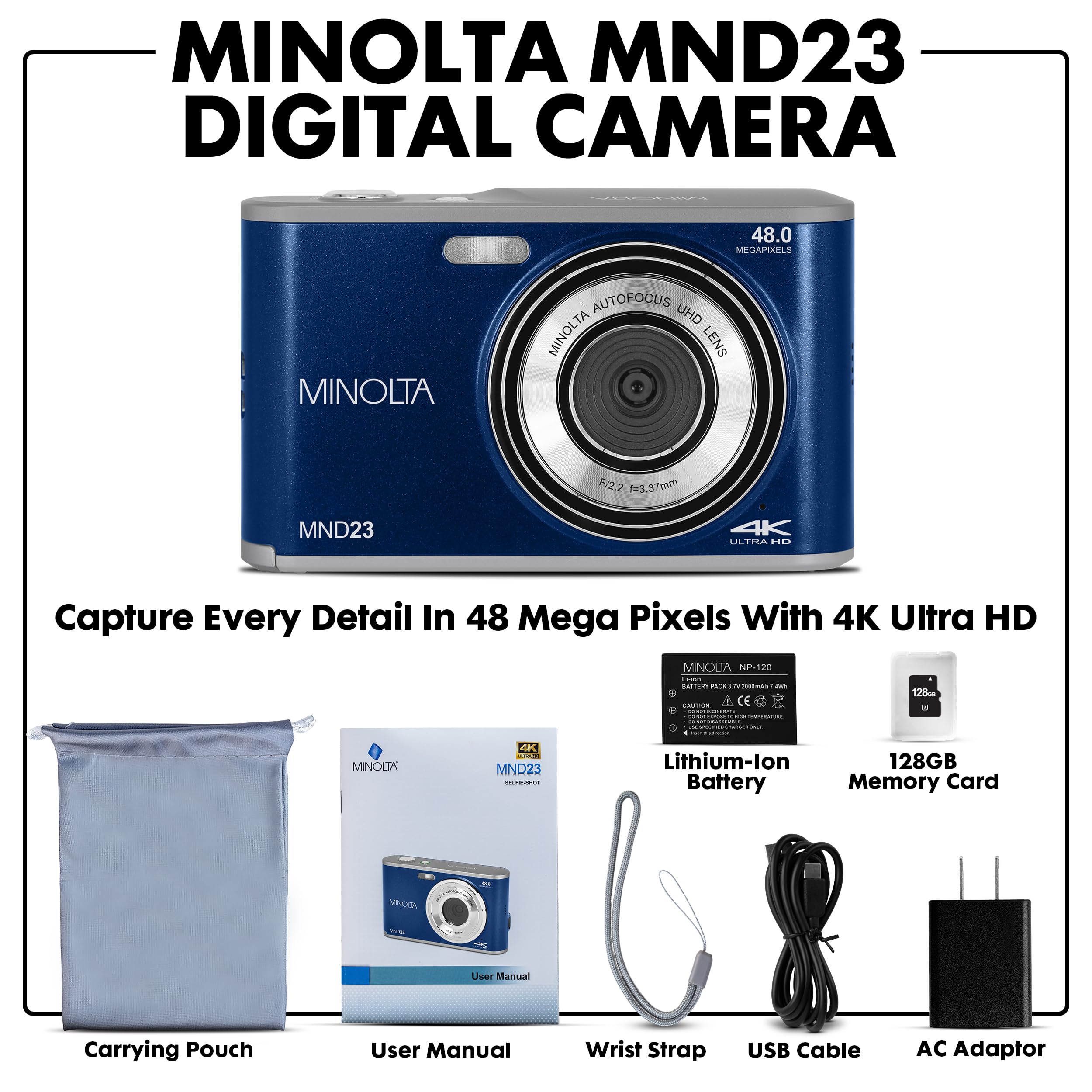 Minolta 48MP Digital Camera with Rear Selfie Lens – 4K Ultra HD Video, 2.8