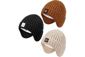 ALEPO 3 Pack Baby Beanie Hats with Earflaps, 2 Size Baby Winter Hat for Infant Toddler Kids, Fleece Lined Knit Hat for Girls Boys