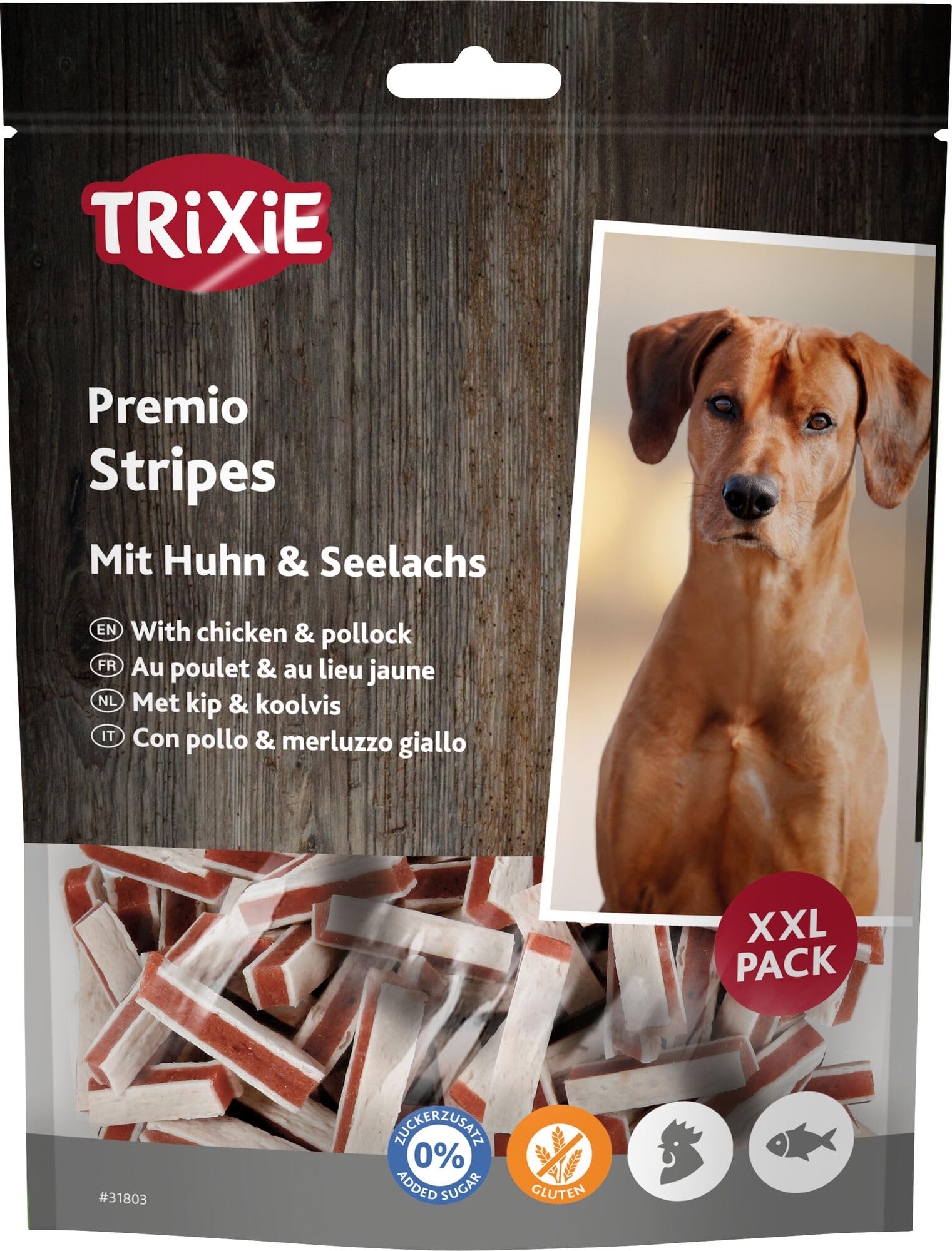 TRIXIE Stripes with chicken & pollack - Dog snack - Gluten free & no added sugar - Meat content 65 %, fish content 18 % - 300 g - 31803