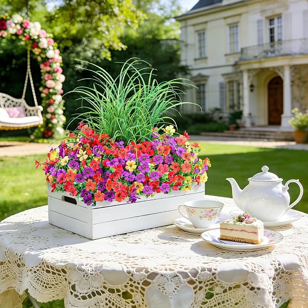 INQCMY ARTIFICIAL FLOWERS FOR OUTDOORS UV RESISTANT, 14 BUNDLES FAKE PLANTS REALISTIC SILK FLOWERS WITH FAUX FERNS FOR OUTSIDE PLANTERS HOME PORCH PATIO GARDEN BACK YARD SPRING SUMMER DECORATION