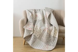 SLPR Walk in The Cotswolds 50" x 60" Cotton Quilted Throw Blanket, Neutral Floral and Cream Cottage Throw Quilt for Couch, Lightweight Pieced Patchwork Lap Quilt with Floral French Country Style