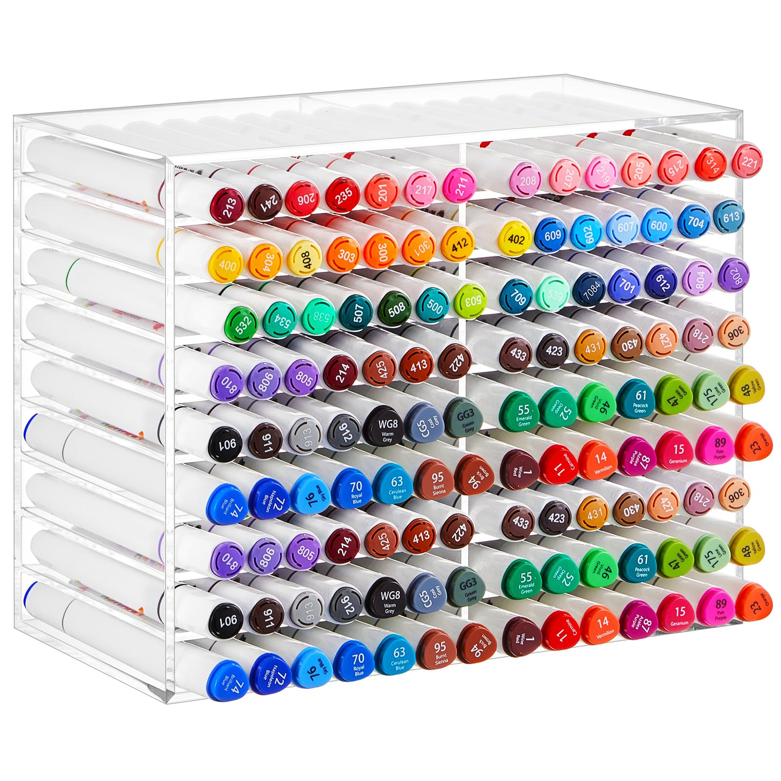 Photo 1 of MotiMind Acrylic Marker Organizer for 126 Marker, Large Art Pencil Holder Storage Rack for Desk, Pens Art Brushes Display Stand with 18 Compartments for Desktop, Office (clear, 126 Capacity)