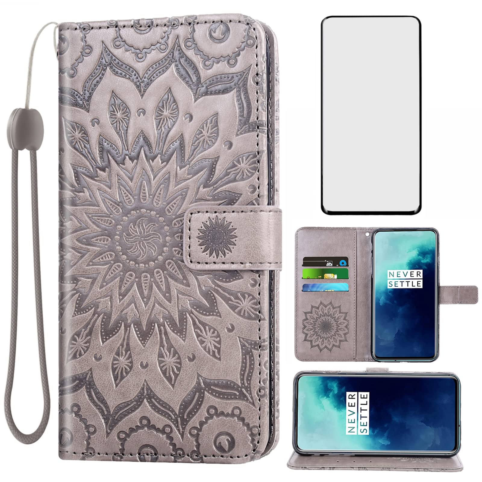 Phone Case for OnePlus 7 Pro Wallet Cases with Tempered Glass Screen Protector and Slim Flip Cover Card Holder Stand Cell OnePlus7Pro 5G One Plus 1+7 1Plus OnePlus7 7Pro One+ 1 + Seven Women Men Gray