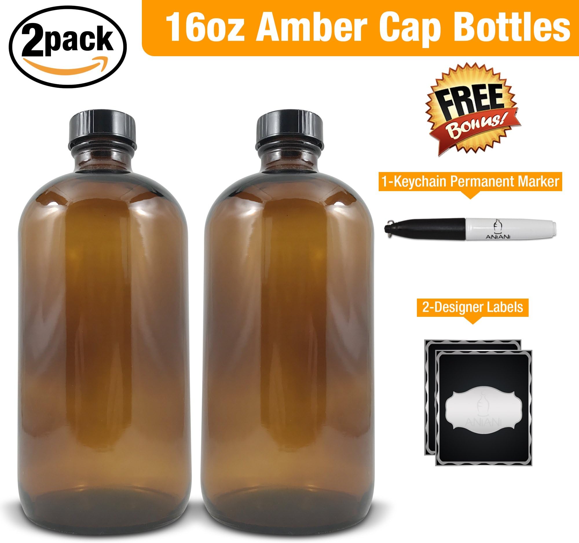 Empty Amber Glass Bottle-Large 16 oz Refillable Container for Storing Chemicals, Shampoo, Conditioners, Soaps, Cleaning Products, Essential Oils, and Aromatherapy-Black Caps-2 Pack Bonus Free Extras