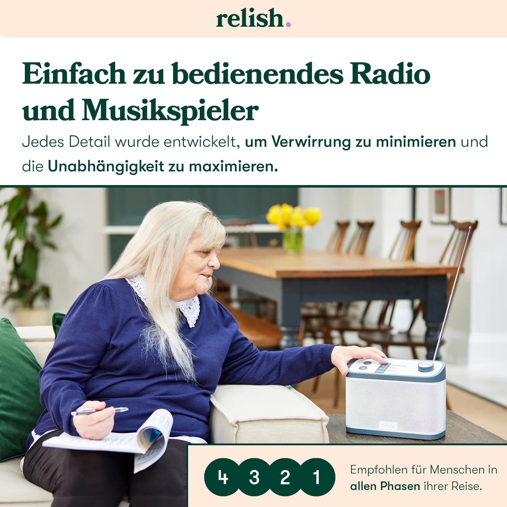 Relish – Tragbares, einfaches DAB/DAB+/FM Radio und MP3-Musikplayer mit USB für Senioren, Demenz und Alzheimer-kranke sowie Sehbehinderte – große Tasten, einfaches Design, leicht zu bedienen 2