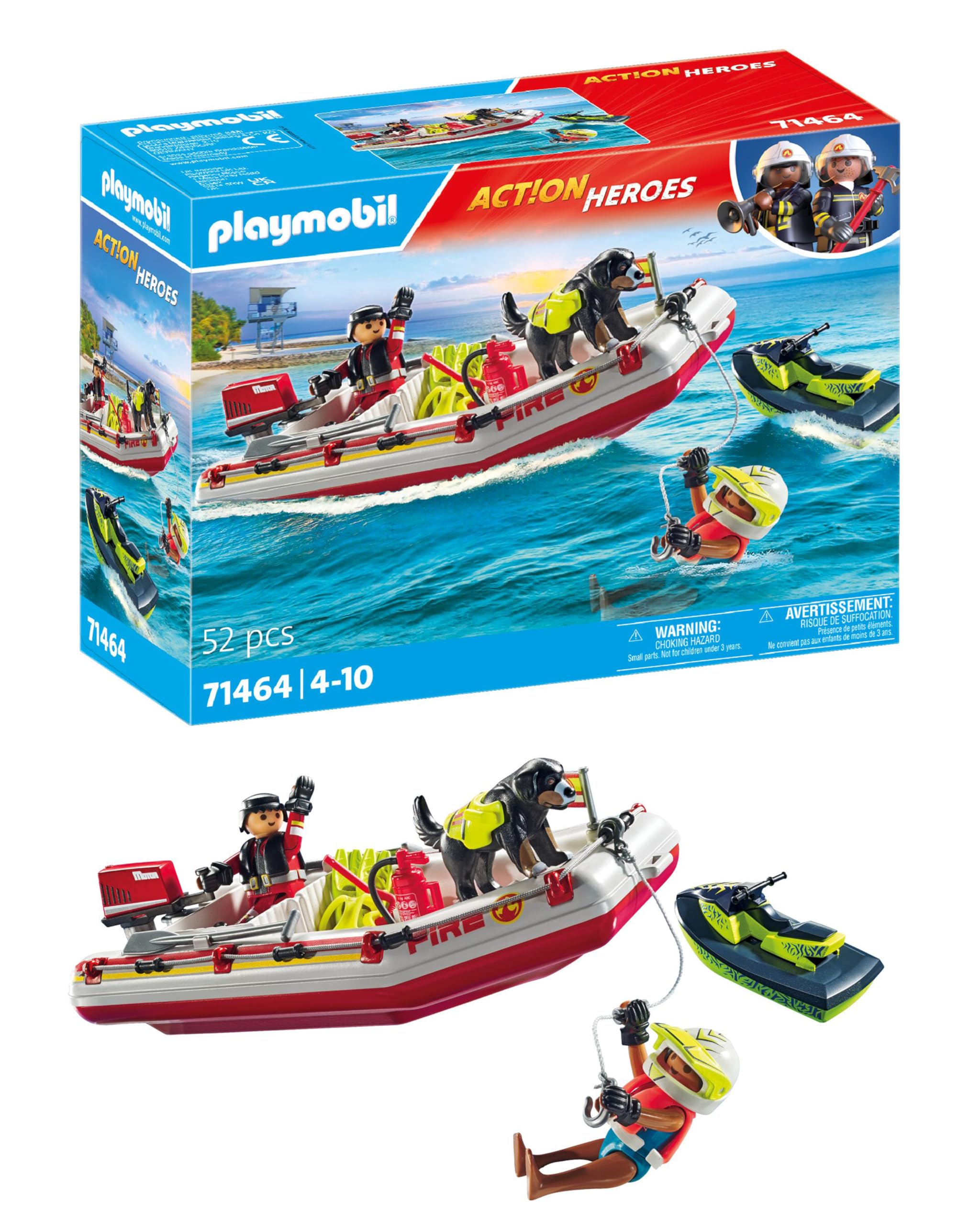 Playmobil 71464 Action Heroes: Fireboat with Aqua Scooter, exciting water rescue, including diving goggles and fins, fun imaginative role-play, realistic play sets suitable for children ages 4+