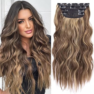 AliLeader 20 Inch Clip In Hair Extensions Brown with Honey Highlights 4Pcs