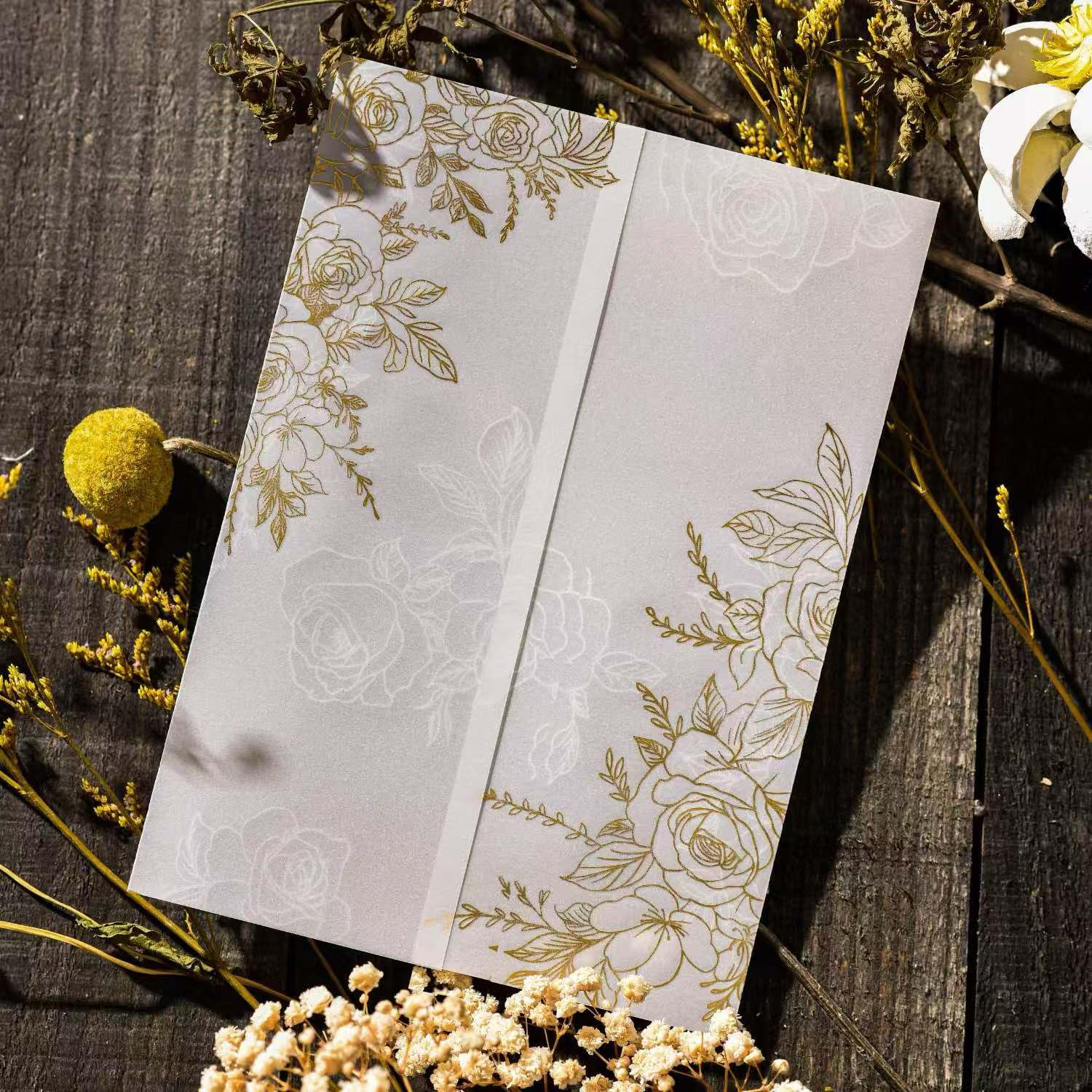 Puremigo 50 Pack Pre-Folded Vellum Jackets for 5x7 Invitations - Gold Foil Pattern - 115GSM Paper - Transparent Wedding Invitation Wraps