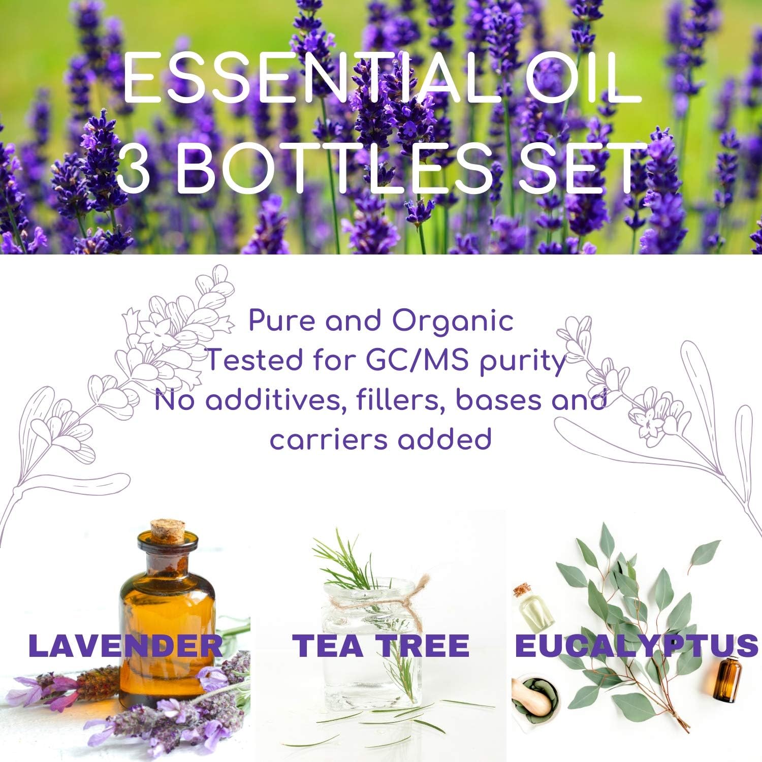 Essential Oils Set (Tea Tree, Lavender, Eucalyptus) for Skin Care, Aromatherapy, Soap Making - Organic & Pure Therapeutic Grade Diffuser Oil for Home, Stress & Anxiety Relief, Anti Acne - by Benatu: Health & Personal Care