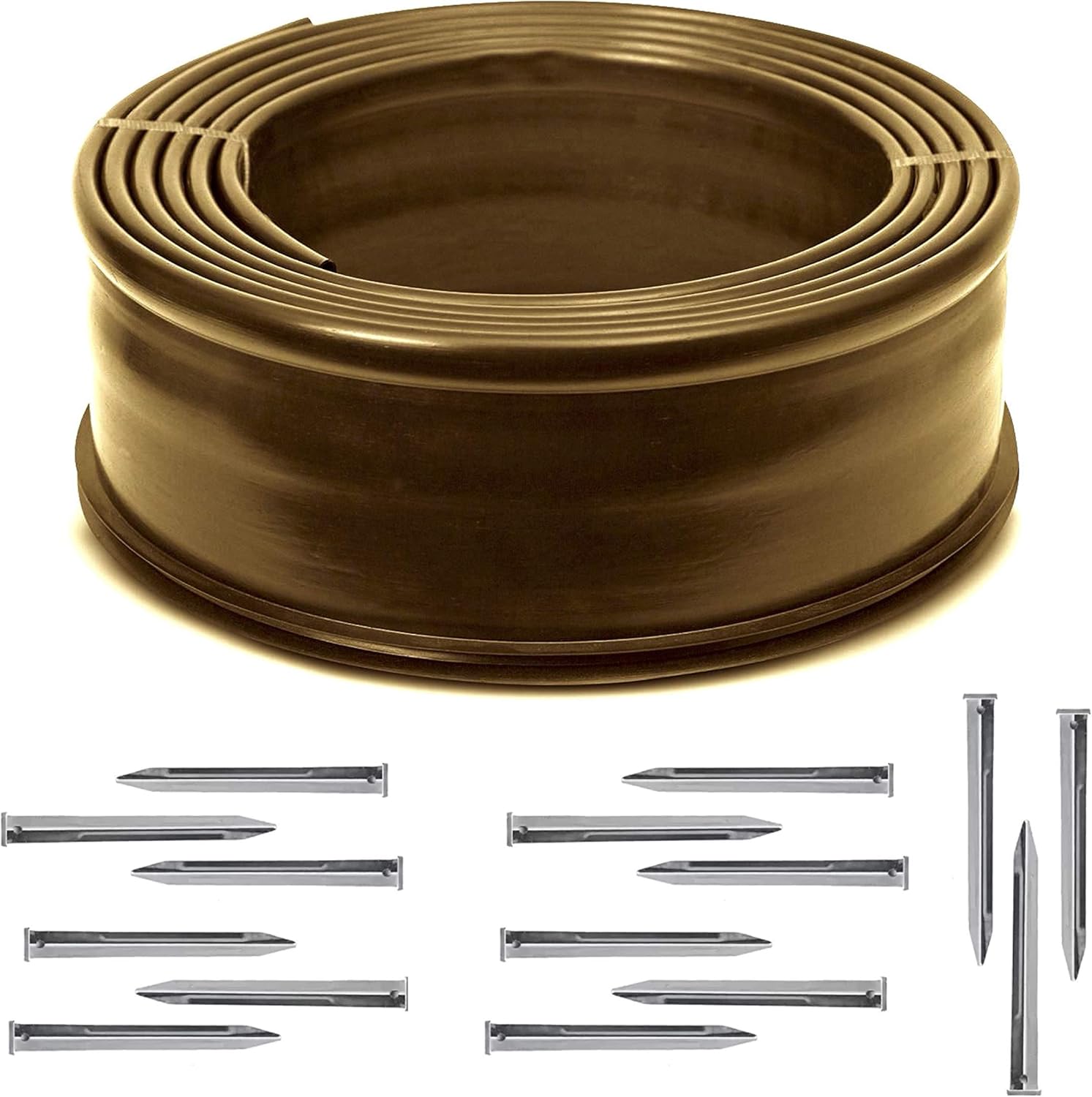 (5” High x 40ft) Brown Heavy Duty - Extra Strength Premium Virgin Material Yard Edging Kit Roll, for Landscaping, and Flower Gardens - Includes 15 Metal Edging Stakes (40' Feet Brown)