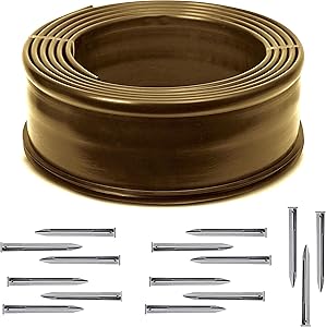(5” High x 40ft) Brown Heavy Duty - Extra Strength Premium Virgin Material Yard Edging Kit Roll, for Landscaping, and Flower Gardens - Includes 15 Metal Edging Stakes (40' Feet Brown)