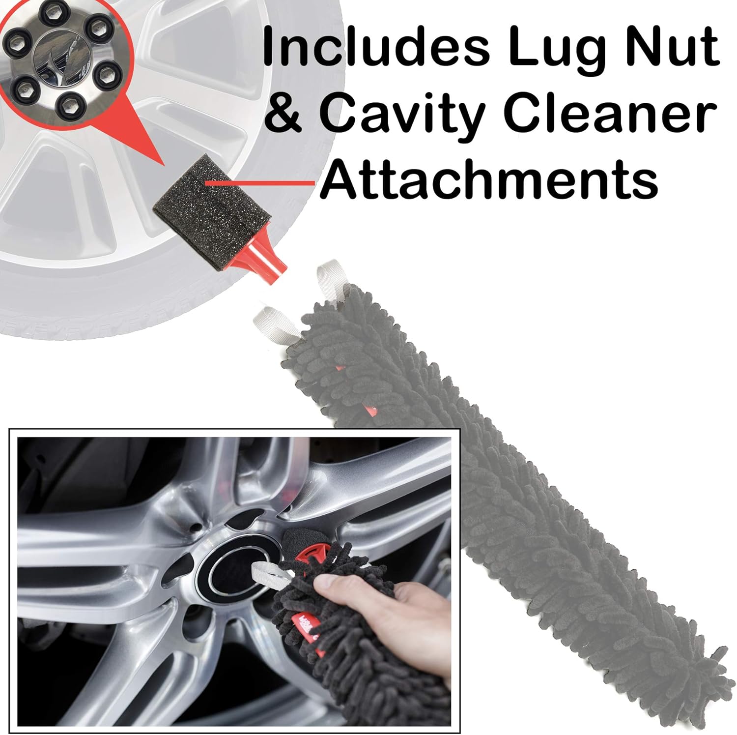 WOOLLYWORMIT Wheel Brush, Handle-Less Auto and Car Detailing Tool with Integrated Lug-Nut Cleaner, Flexible Soft Chenille Microfiber Wheel Cleaner with NO Metal Parts Exposed, NO Rim Scratching: Automotive