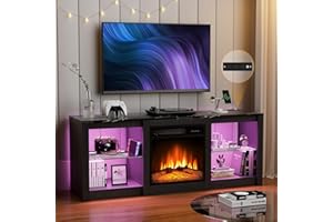 BREEZEHEAT 58 inch TV Stand with 18" Fireplace Inserts-Led Entertainment Center for TVs Up to 65"-TV Console for Living Room with Glass Shelves, LED Lights and Power Outlets (Black)