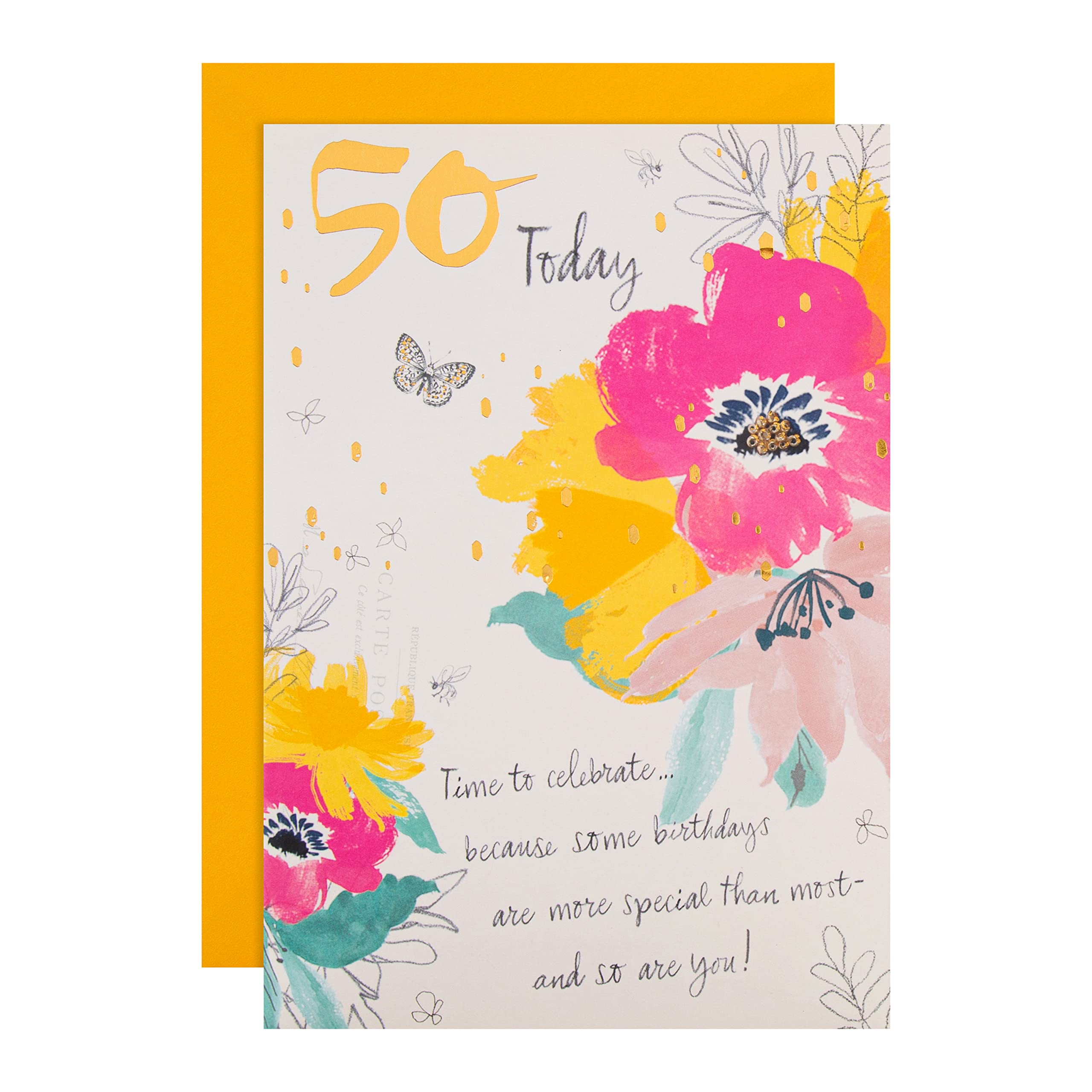 Hallmark 50th Birthday Card - Classic Embossed Floral Design