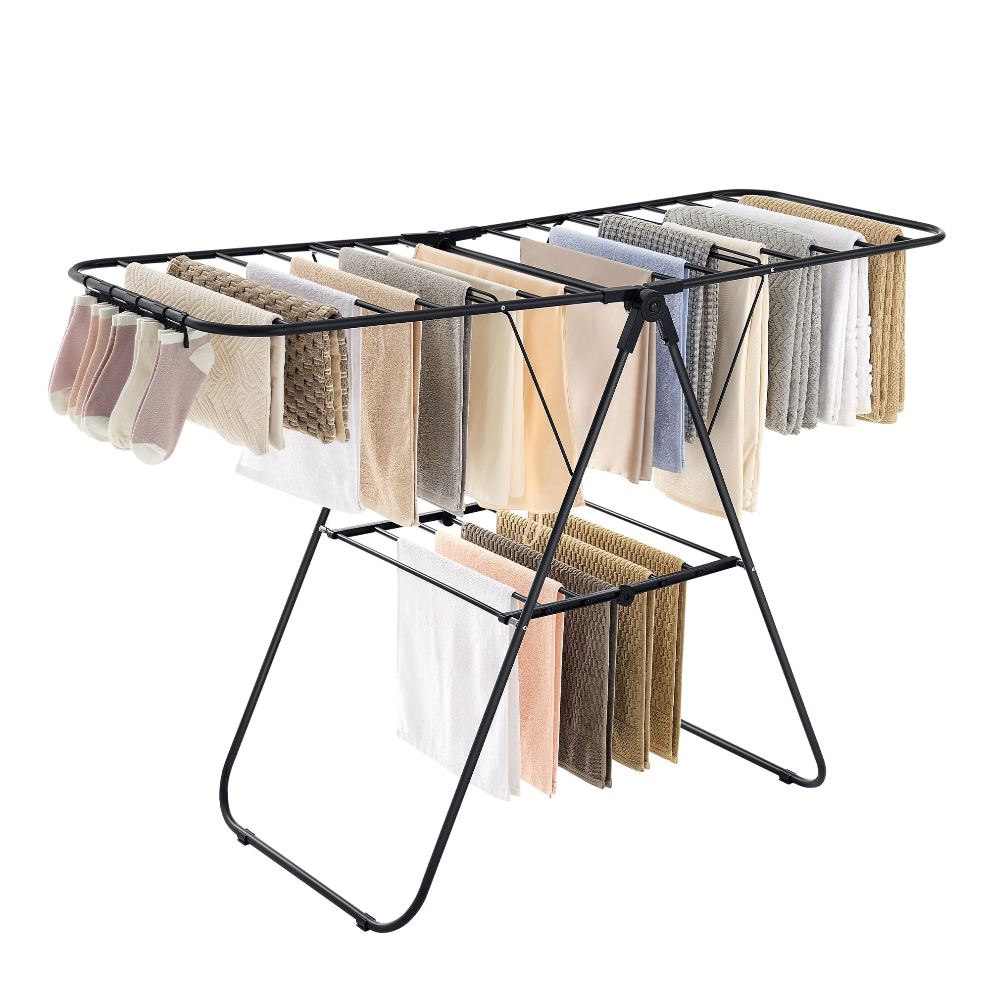 SONGMICS Clothes Drying Rack, with Sock Clips, Metal Laundry Rack, Foldable, Space-Saving, Free-Standing Airer, with 2 Height-Adjustable Gullwings, Indoor Outdoor Use, Black ULLR052B01