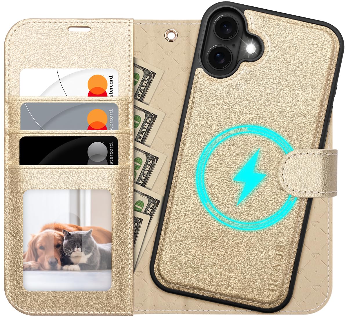 OCASE for iPhone 16 Case, Detachable 2 in 1 PU Leather Wallet Case with RFID Blocking, Wireless Charging, Card Holders, Kickstand, Shockproof Removable Phone Cover, Gold