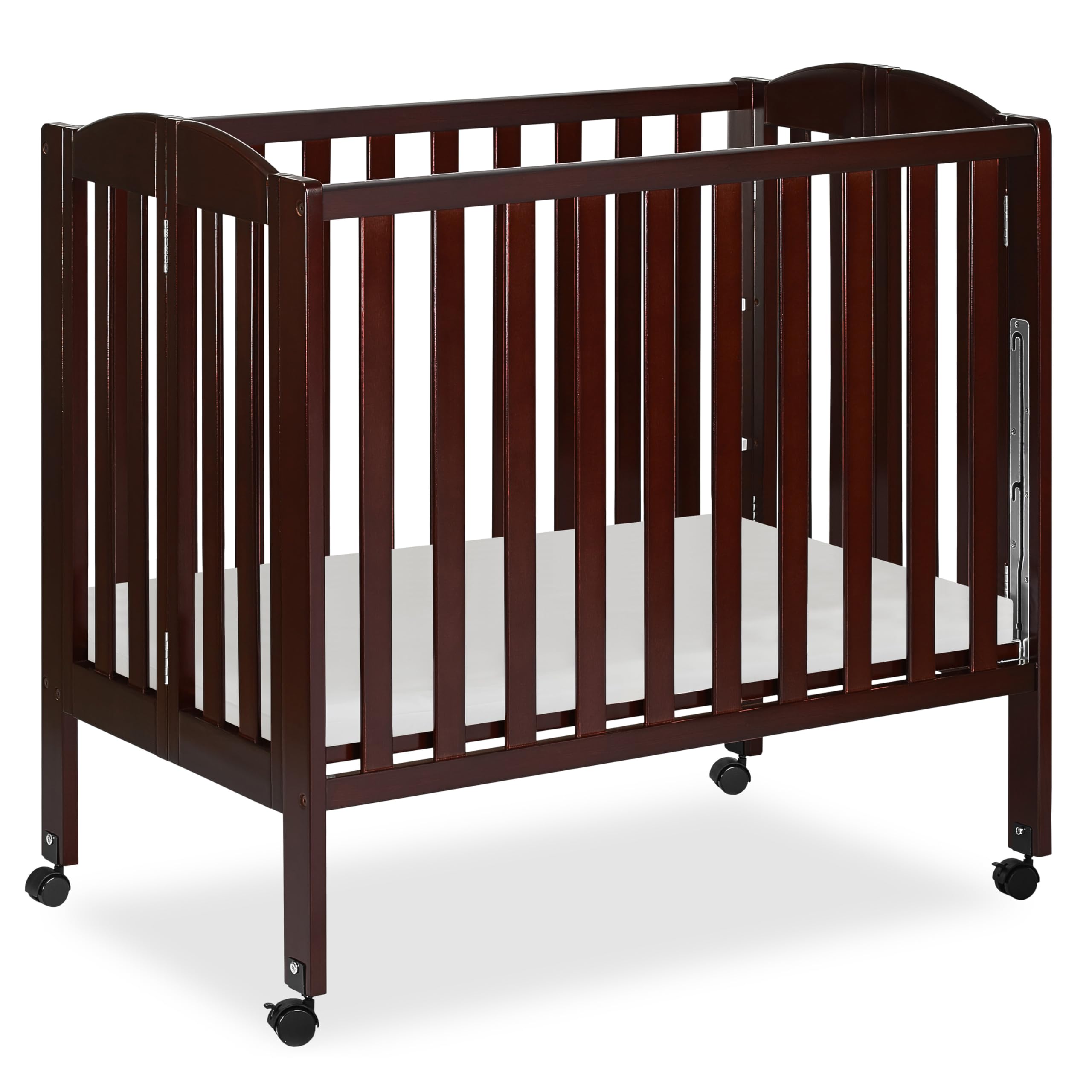 Dream On Me 3-in-1 Portable Folding Stationary Side Mini Baby Crib in Espresso & Mattress, GreenGuard Gold & JPMA, Use as Changer & Playpen, Locking Wheels, 3 Mattress Heights, Extra Firm Mattress