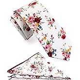 ZENXUS Mens Casual Skinny Floral Tie Combo Set with Flower Pocket Square 2½" Cotton Necktie Hand Made