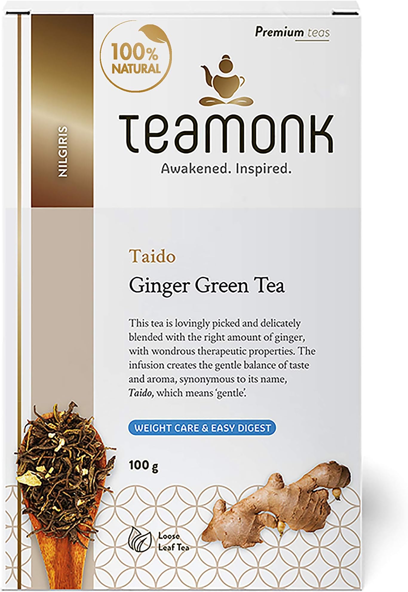Teamonk Taido High Mountain Ginger Green Tea Loose Leaf (50 Cups) | 100% Natural Ginger Tea | Ginger Tea Leaves for Weight loss | Slimming Tea | No Additives - 3.5 oz