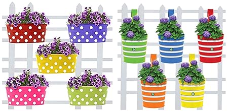 TrustBasket Dotted Oval Railing Planters (Multicolour, Pack of 5) & TrustBasket Round Ribbed Railing Planters (Multicolour, Pack of 5)