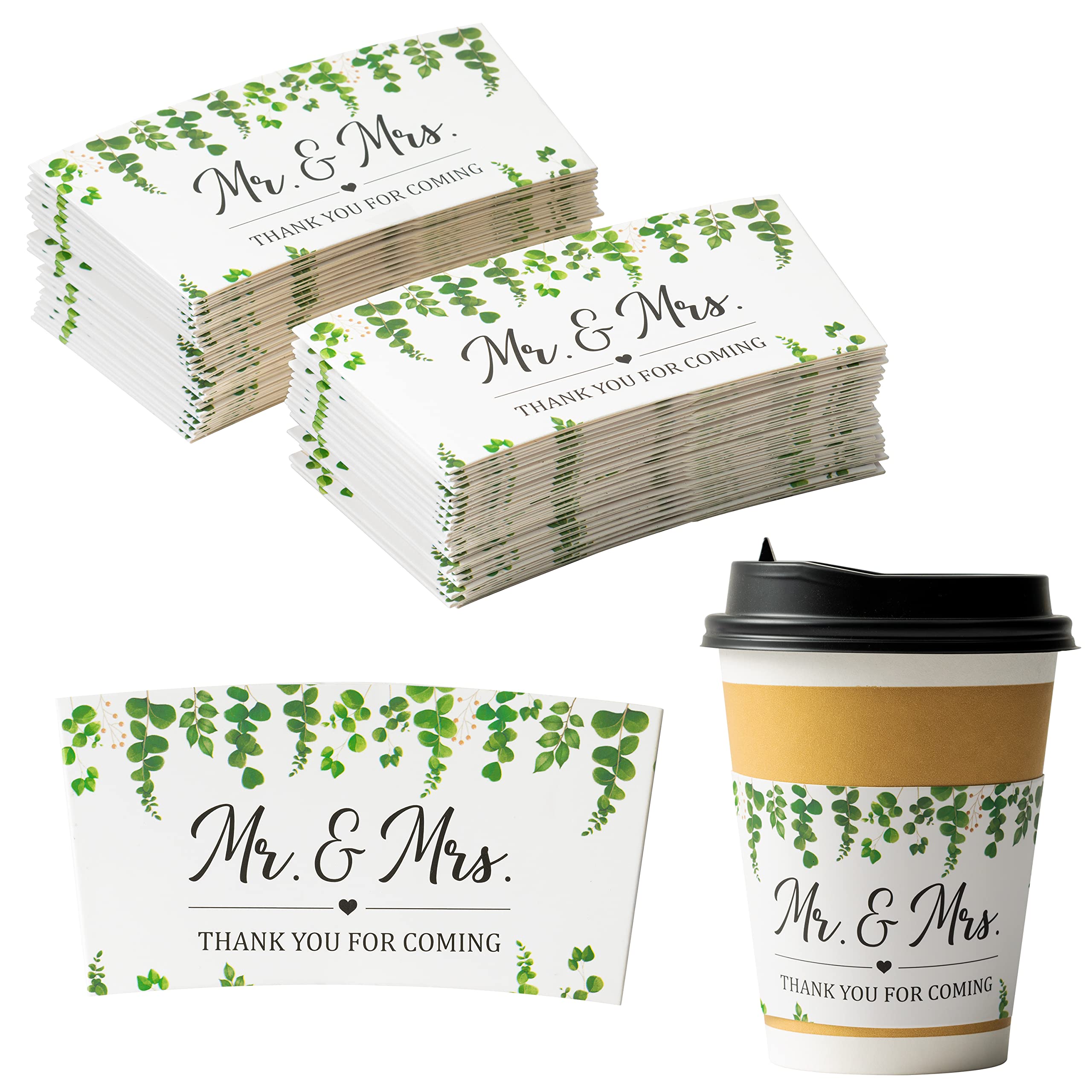 Haooryx 50Pcs Wedding Eucalyptus Greenery Coffee Cup Sleeves Drink Coffee Tea Cup Sleeves Disposable Greenery Kraft Paper Cup Sleeves Holder for 12oz and 16oz Coffee Cold Drinks Beverage Cups
