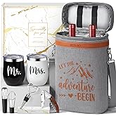 Wedding Gifts for Couples, Mr and Mrs Wine Tumblers Gifts - Engagement, Bridal Shower, Newlywed, His & Hers, Valentines Day, House Warming-Insulated Wine Cooler Tote Bag w/ Wines Accessories Gift Set