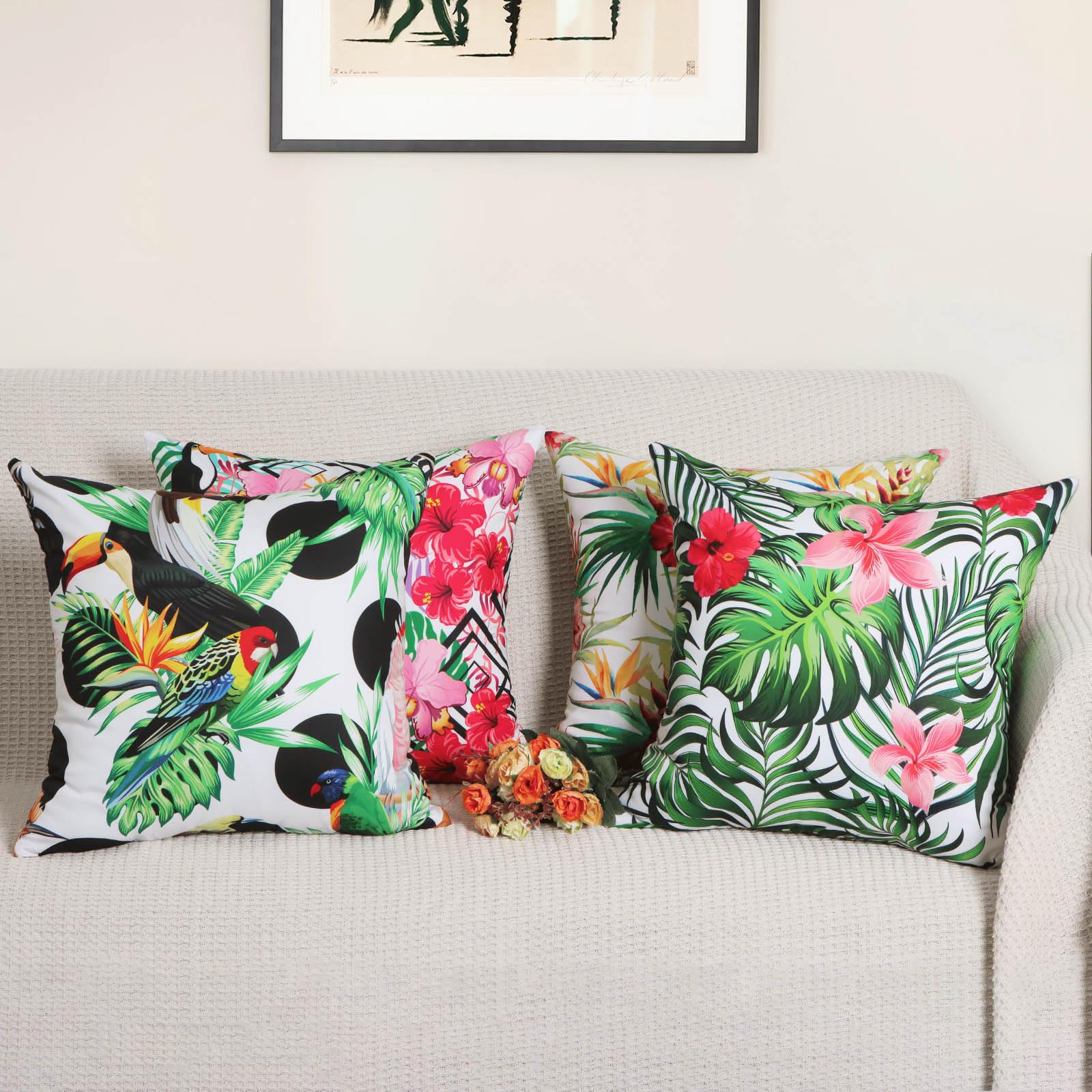 Betadistor Green Cushion Covers Set of 4, 45 x 45 cm, Tropical Leaf & Birds Modern Art Decorative Throw Pillow Covers Pillowcases for Sofa Garden Patio Home Decor, Green, 505-0090
