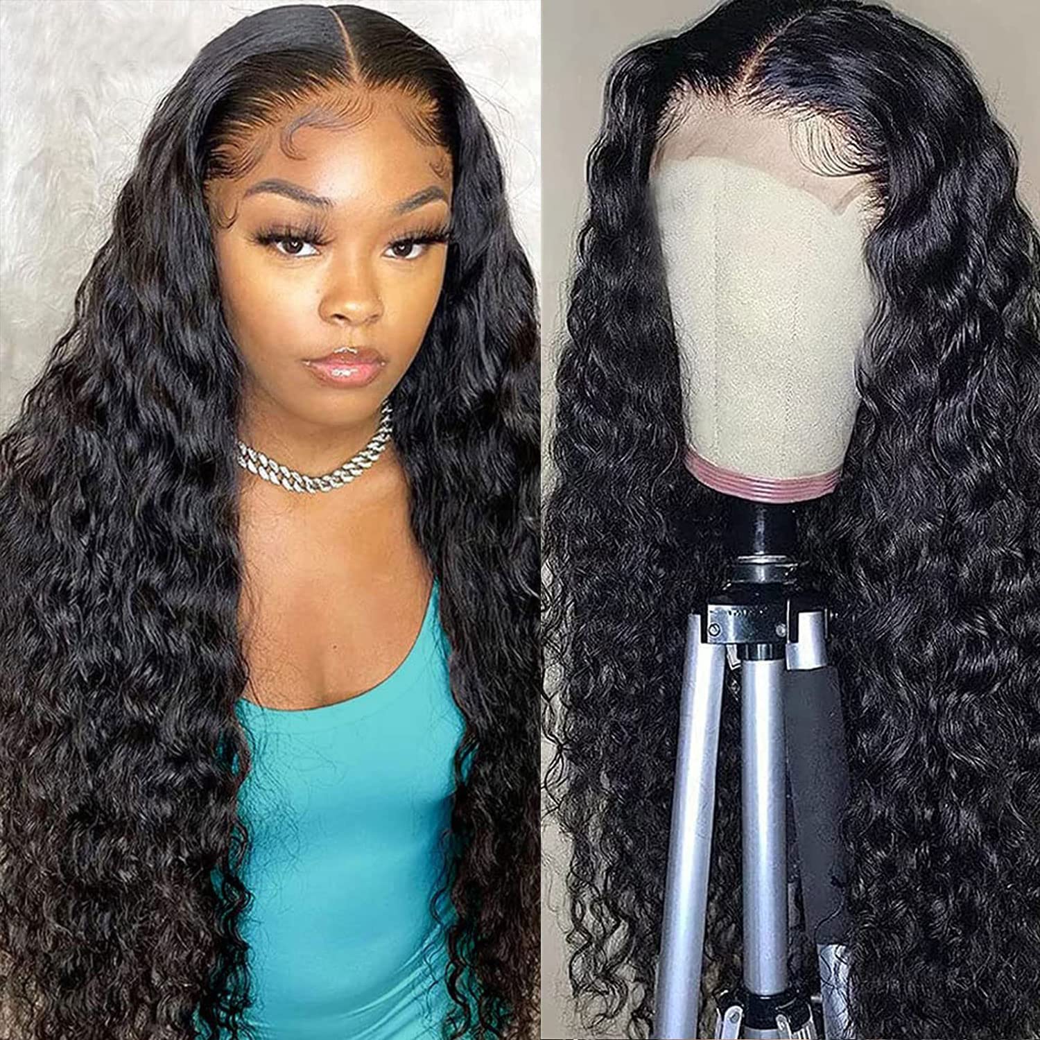 4X4 Transparent Lace Front Wig - Human Hair Water Wave - Brazilian Virgin - Pre-Plucked with Baby Hair - 150% Density - Curly - Natural Color - 18 Inch