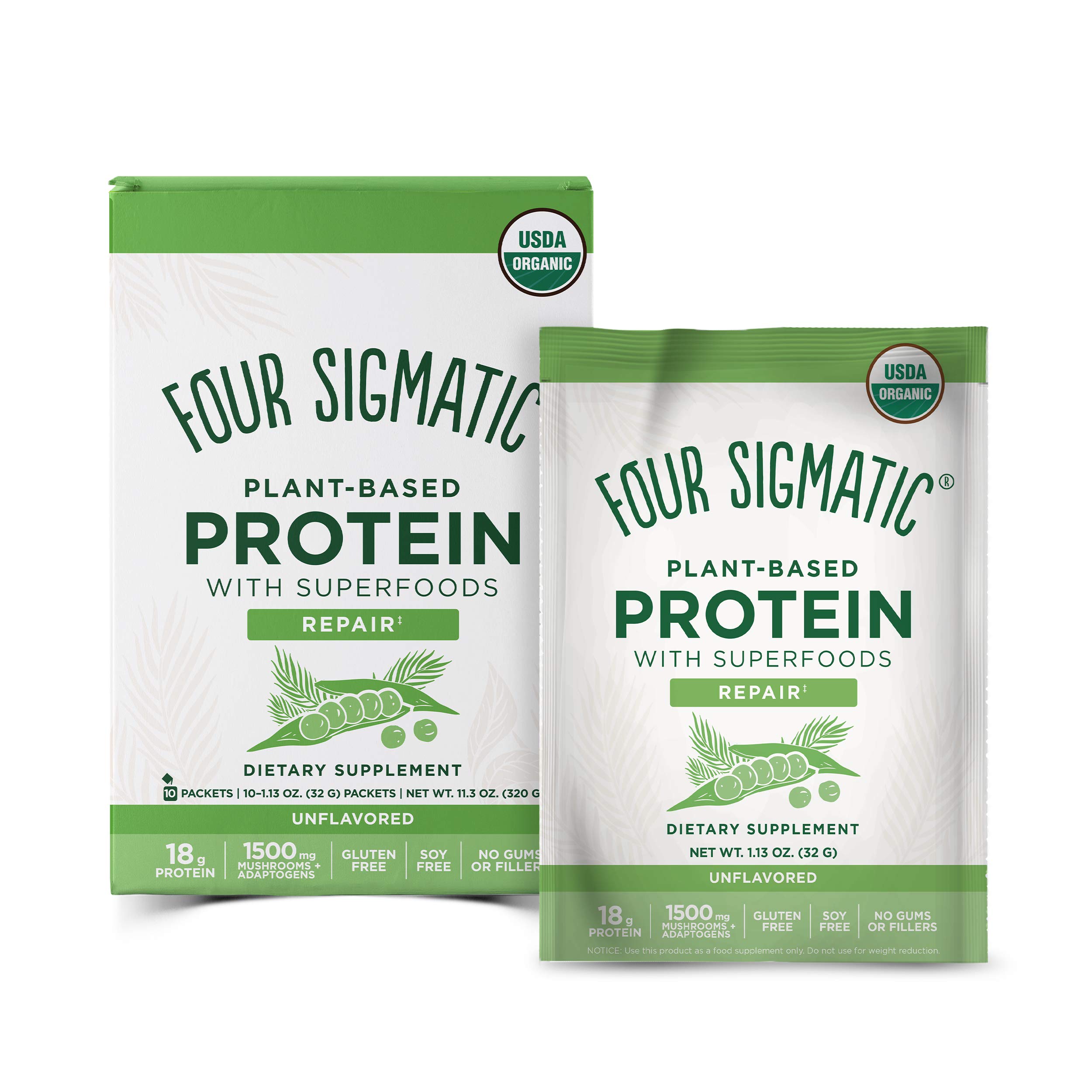 Four Sigmatic Superfood Protein, Organic Plant-Based Protein with Chaga Mushroom & Ashwagandha, Supports Immune Function & Muscle Repair, Portable + Unflavored, 10 Count