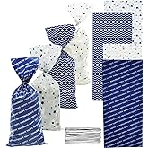 The Dreidel Company 144 Hanukkah Cellophane Treat Bags Chanukah themed Candy Bags Plastic Cellophane Assorted Bag Size 5" X 3 1/4" X 11" 1 with 144 Silver Twist Ties for Hanukkah Decorations