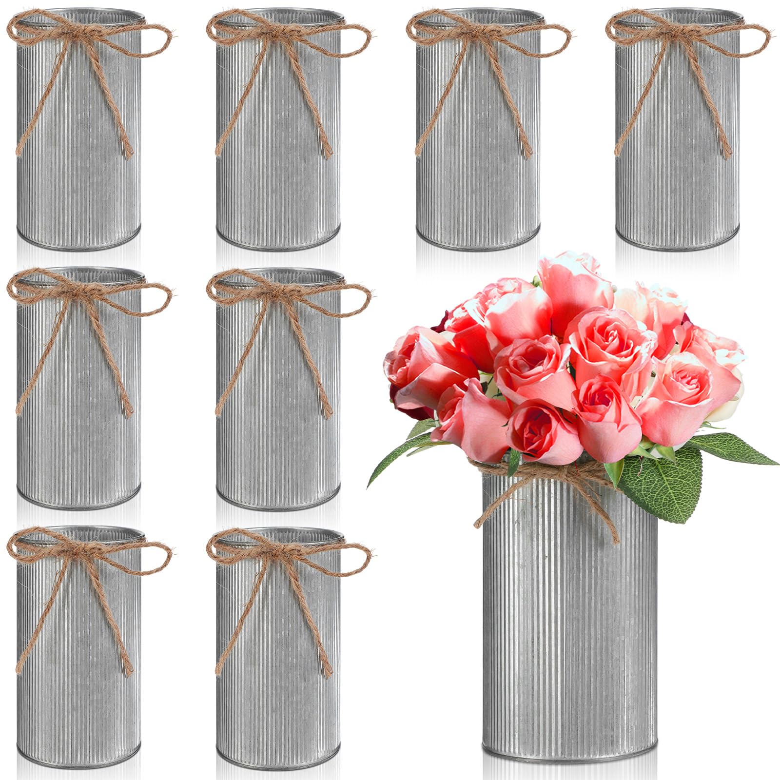 Photo 1 of Domensi 5.91 in High Farmhouse Vase Decor Galvanized Metal Flower Vase with Twine Bow Vintage Rustic Tin Flower Buckets for Artificial Floral Table Container DIY(Iron Color,8 Pcs)